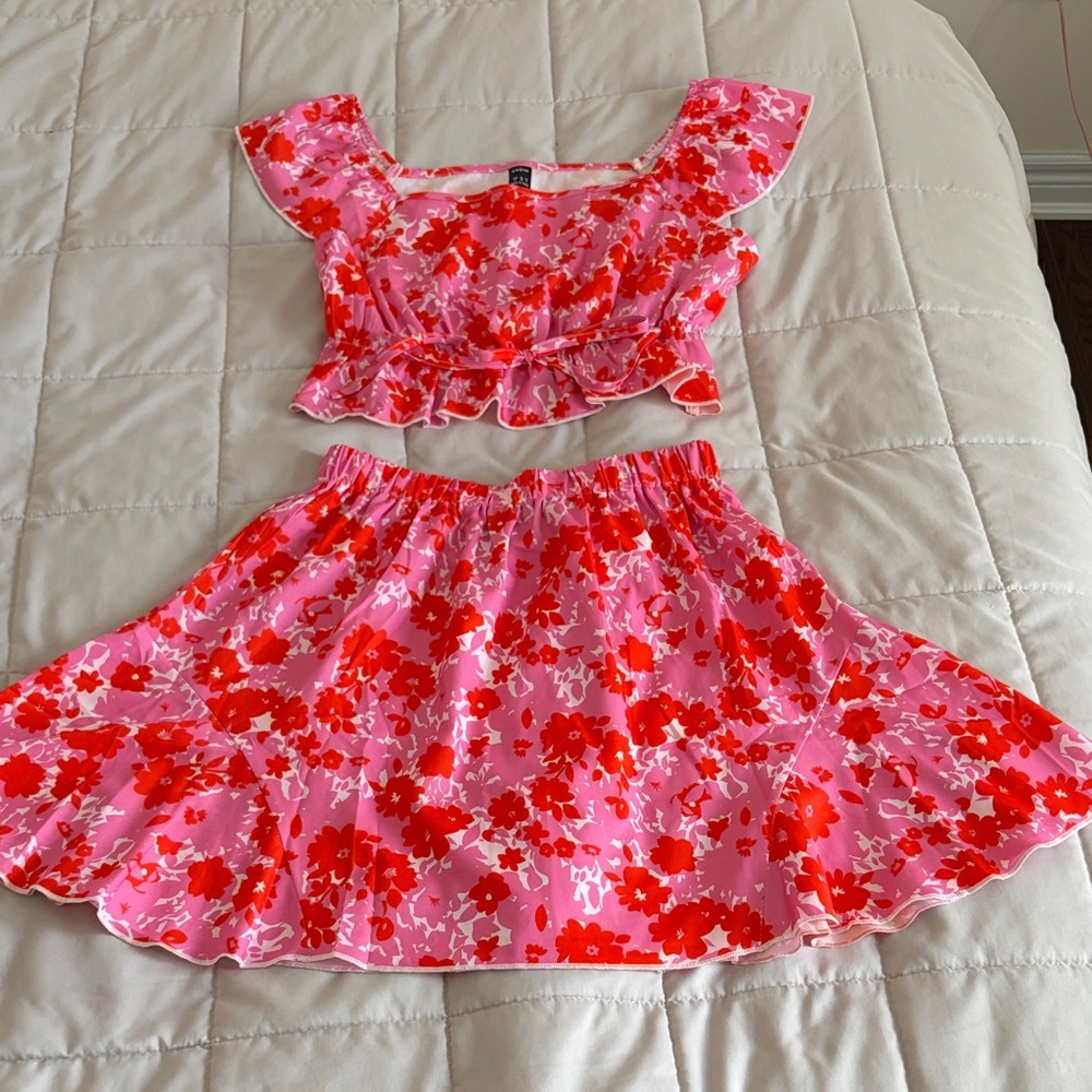 Floral Pink and Red Two-Piece Set